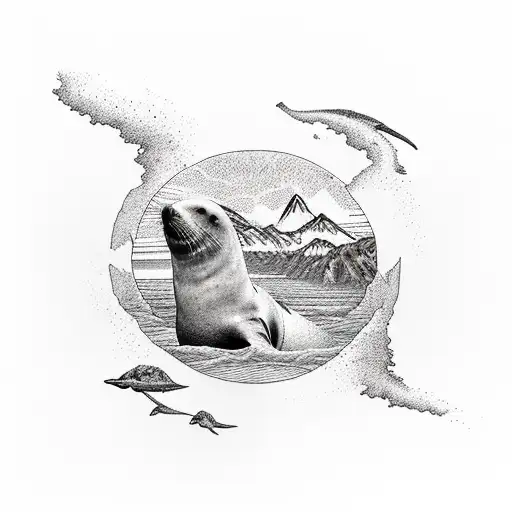 landscapes with the Uturunku volcano in Bolivia and the ocean in reference to Latin America with sea lions and turtles i tattoo design idea