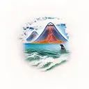 landscapes with the Uturunku volcano in Bolivia and the ocean in reference to Latin America with sea lions and turtles i tattoo design idea