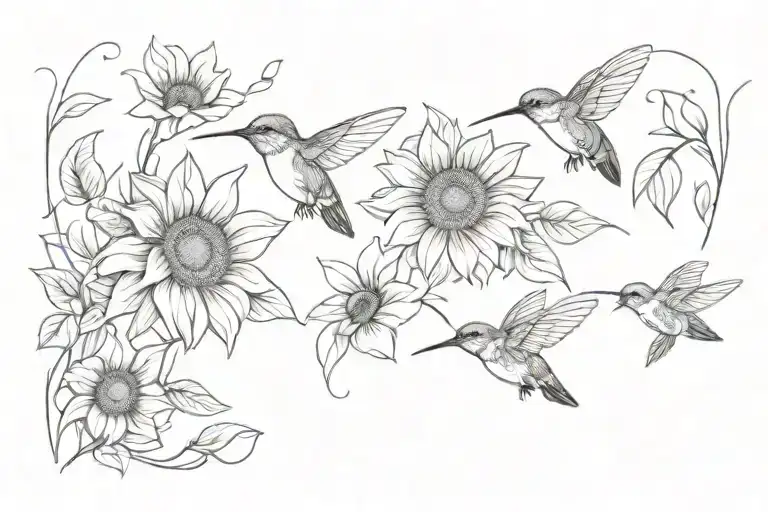 bees hummingbirds sunflower  tattoo design idea
