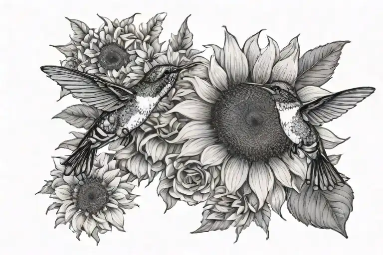 bees hummingbirds sunflower  tattoo design idea