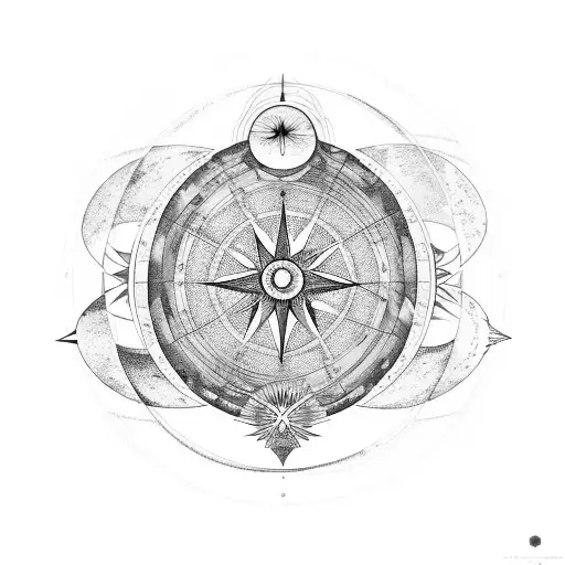 Wind rose, with the phases of the moon and the solar system. tattoo design idea