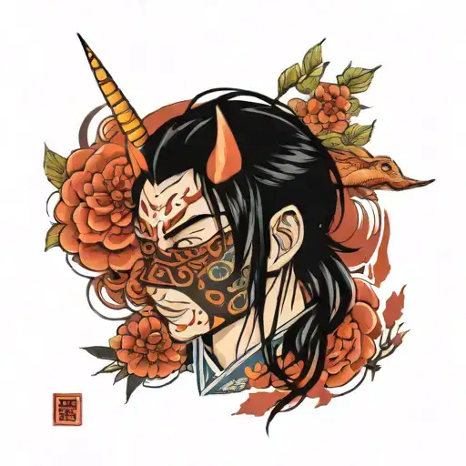 boy with black hair and blue eyes with mask tattoo design idea