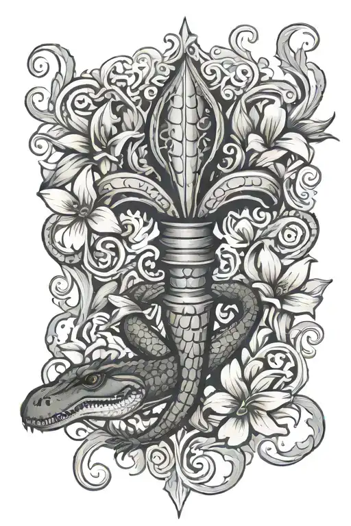 fleur de lis surrounded by alligator, magnolia, crawfish, jazz, hot sauce, magnoila tattoo design idea