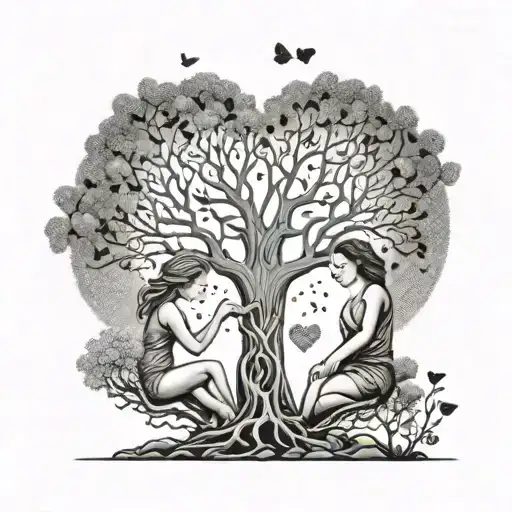 mother and two children tree life love heart union evolution tattoo design idea