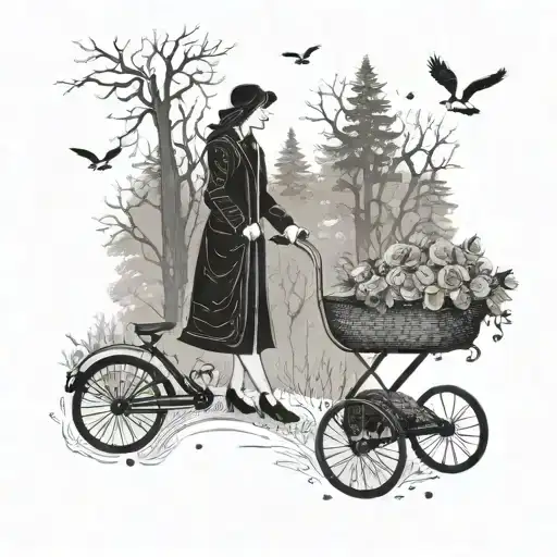 very clean forest not many trees a stream a pretty woman and child and a pram with a stork a rose tattoo design idea