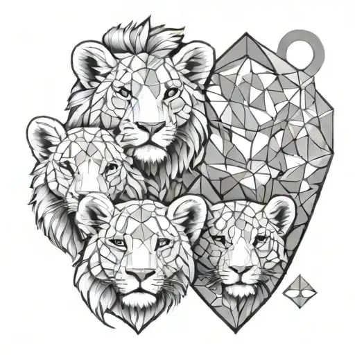 Lionel and two lion cubs in geometric with heart stars tattoo design idea