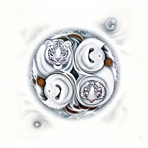 ying yang in front with all the elements around it, on the left behind ying yang descending white tiger, on the right be tattoo design idea