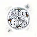 ying yang in front with all the elements around it, on the left behind ying yang descending white tiger, on the right be tattoo design idea