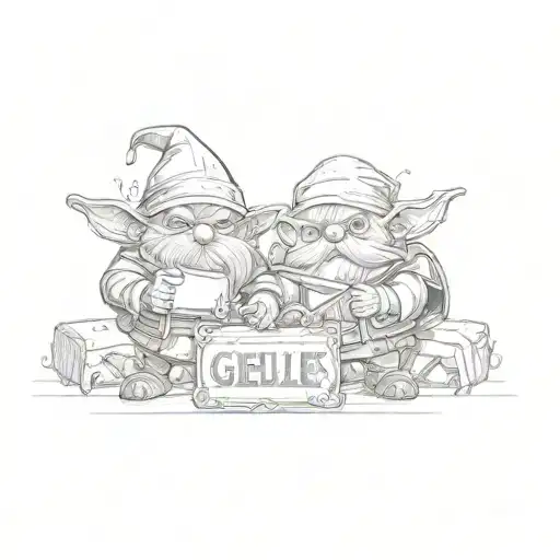 two dwarves holding a sign that says gelie goblin's mod tattoo design idea