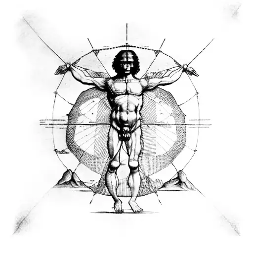 Leonardo da Vinci's Vitruvian Man riding a turtle tattoo design idea