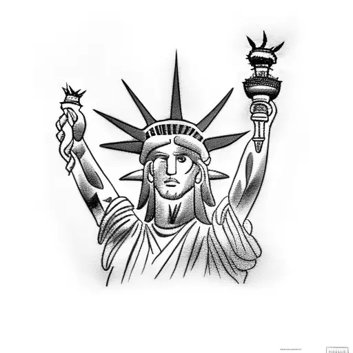 A black-grey tattoo depicting the Statue of Liberty holding Jesus's cross instead of a torch, surrounded by a lush forest tattoo design idea