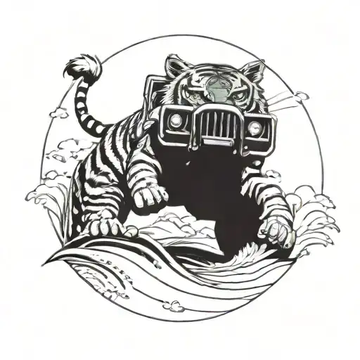 A tiger driving a 4x4 vehicle on the beach tattoo design idea