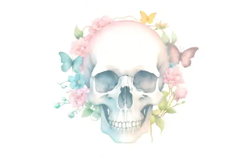 skull surrounded, pink clouds, butterflies, cherry blossoms, vines tattoo design idea