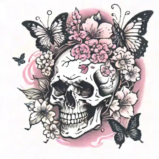 skull surrounded, cherry blossoms,  butterflies, pink smoke tattoo design idea