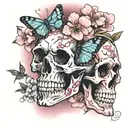 skull surrounded, cherry blossoms,  butterflies, pink smoke tattoo design idea
