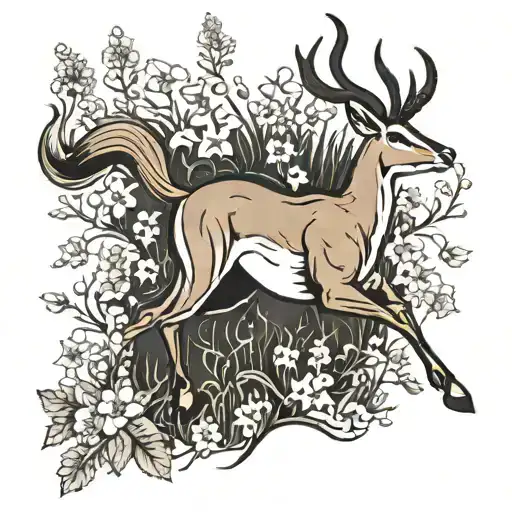 A springbok leaping gracefully through a field of wildflowers tattoo design idea
