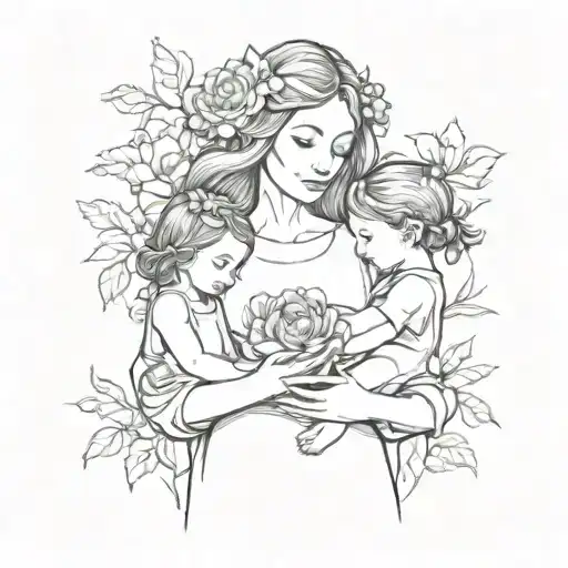 mother holding two children hands flowers around them tattoo design idea
