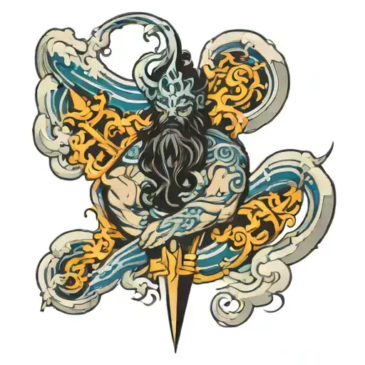 Poseidon's trident and waves, Zeus's thunderbolt and Hades tattoo design idea