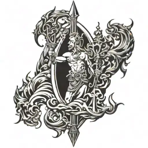 Poseidon's trident and waves, Zeus's thunderbolt and Hades tattoo design idea