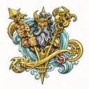 Poseidon's trident and waves, Zeus's thunderbolt and Hades tattoo design idea