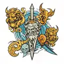 Poseidon's trident and waves, Zeus's thunderbolt and Hades tattoo design idea