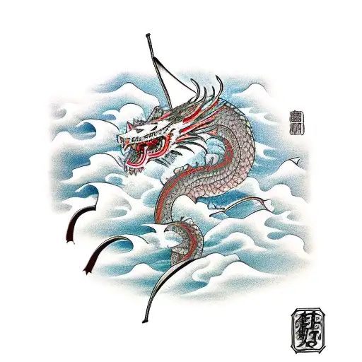 A traditional Japanese woodblock print style design of a samurai fighting in a game setting, with a fierce dragon circling in the sky tattoo design idea