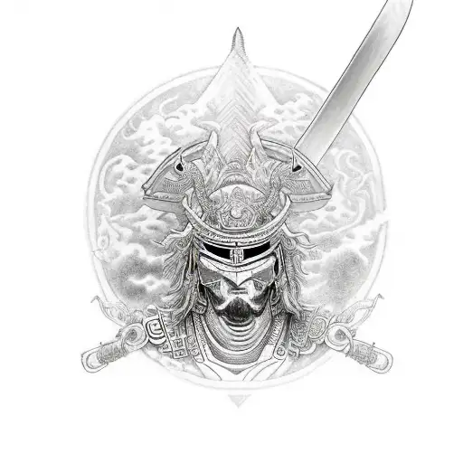 An intricately detailed samurai holding a katana while playing a video game, with a mystical dragon flying overhead tattoo design idea