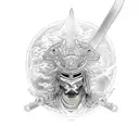 An intricately detailed samurai holding a katana while playing a video game, with a mystical dragon flying overhead tattoo design idea