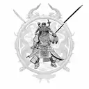 An intricately detailed samurai holding a katana while playing a video game, with a mystical dragon flying overhead tattoo design idea