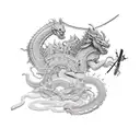 An intricately detailed samurai holding a katana while playing a video game, with a mystical dragon flying overhead tattoo design idea