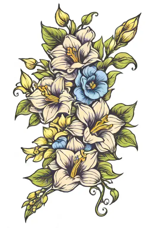 morning glory and narcissus flower bouquet tattoo design idea