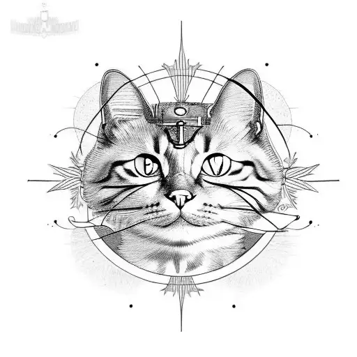 Steampunk cat looks like a sun tattoo design idea
