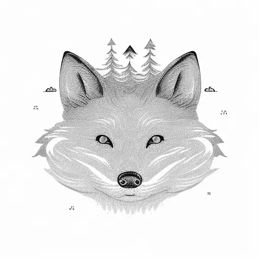 a landscape strip with moutain and miyazaki wave. in the strip, Their is 6 animals ( fox, otter, wolf, rabbit, hedgedog, tattoo design idea