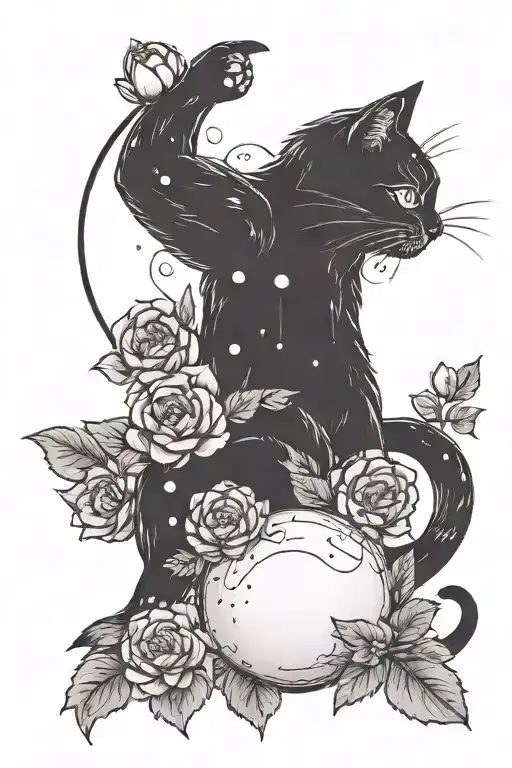 kawaii cat playing with a peony flowers and a moon in background tattoo design idea
