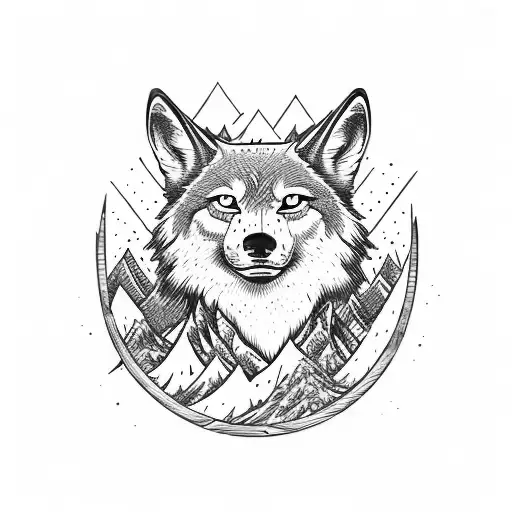 a landscape strip with moutain and miyazaki wave. Their is wolf in the strip tattoo design idea