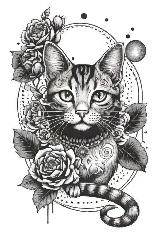 small kawaii cat looking up on the back with strip  with big eyes with a artistic peony and the moon  tattoo design idea