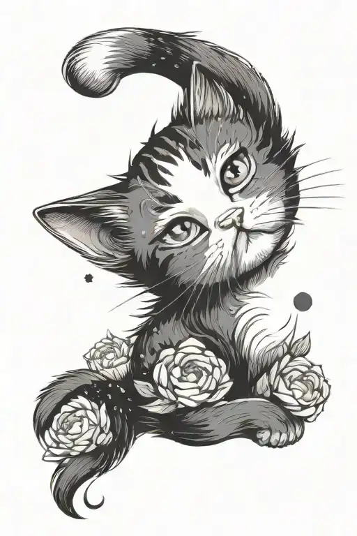 small kawaii cat looking up, lying on the back with strip. background with artistic peony and the moon  tattoo design idea