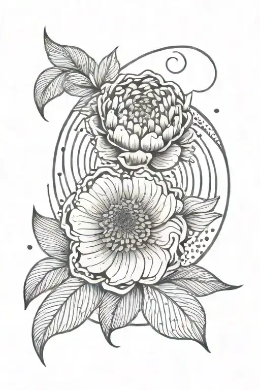 Background composed of strips in spirals. A quarter moon in which there is a peony in which there is a kawaii tattoo design idea