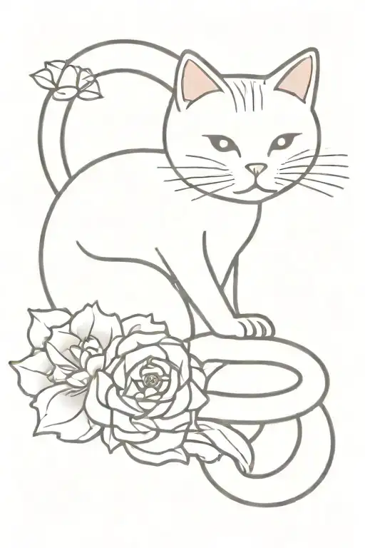 Background of 3 strips in spirals. A quarter moon in which there is a peony in which there is a kawaii cat on the back tattoo design idea