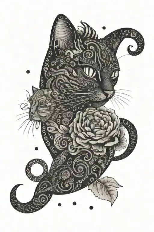 Background of 3 strips in spirals. A quarter moon in which there is a peony in which there is a kawaii cat on the back tattoo design idea