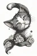 small kawaii cat looking up, lying on the back with strip. background with artistic peony and the moon  tattoo design idea