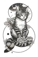 small kawaii cat looking up, lying on the back with strip. background with artistic peony and the moon  tattoo design idea