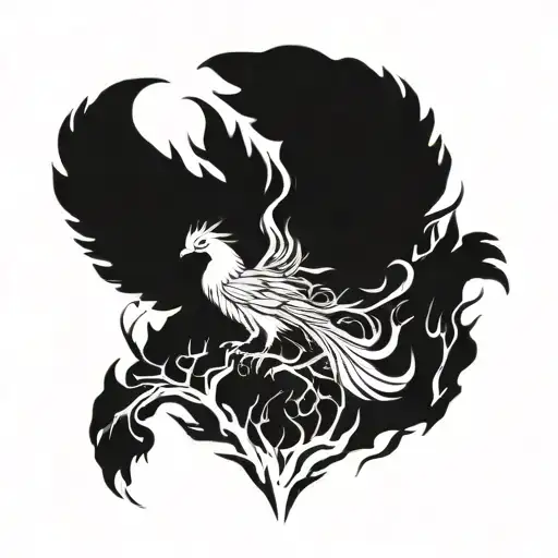 Pheonix rising from ashes in front of World Tree tattoo design idea