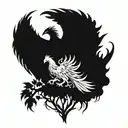 Pheonix rising from ashes in front of World Tree tattoo design idea