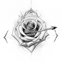 rose, bow and arrow, script tattoo design idea