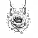 rose, bow and arrow, script tattoo design idea