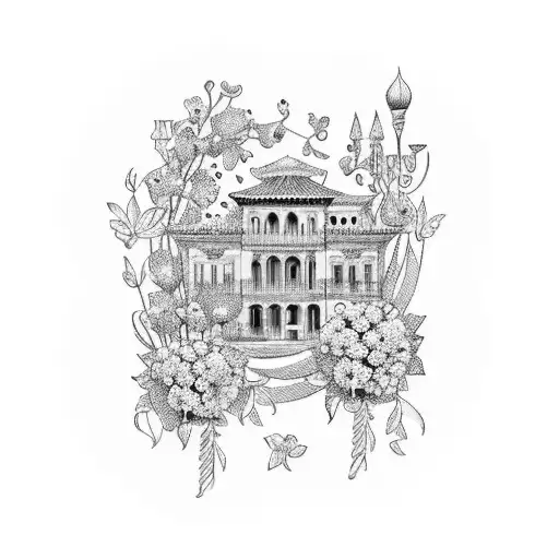A blackwork tattoo of a beautiful Italian villa surrounded by blooming floral gardens, capturing the client's love for Italy and flowers tattoo design idea