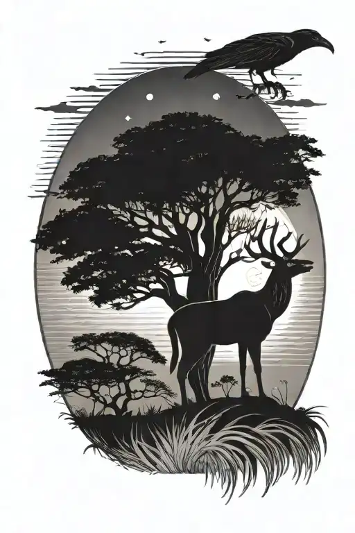 Baobab tree (Imbondeiro), one Raven, a big Black Palanca antelope in front of and the big sun in the background tattoo design idea