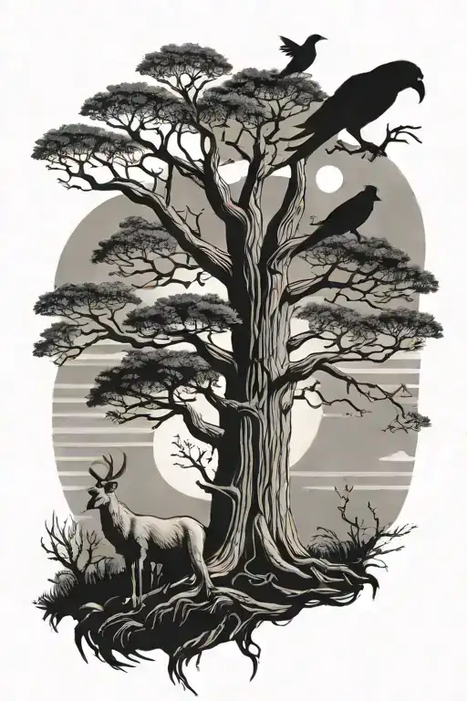 Baobab tree (Imbondeiro), a Raven, a Black Palanca antelope and the sun in the background tattoo design idea