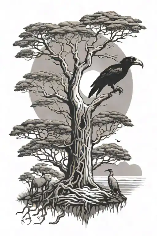 Baobab tree (Imbondeiro), one Raven, a Black Palanca antelope and the big sun in the background tattoo design idea